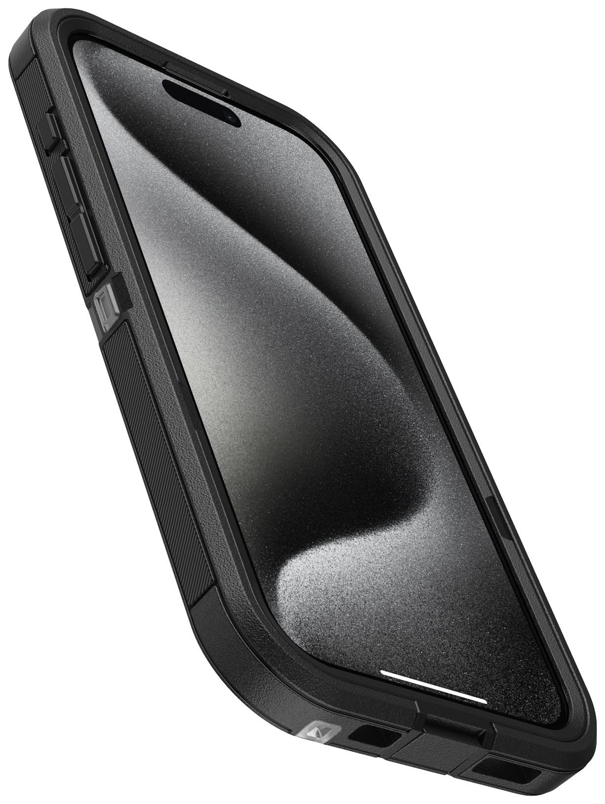 Smartfon z wytrzymałą czarną obudową, ekran wyświetla abstrakcyjną falę w odcieniach czerni i bieli.