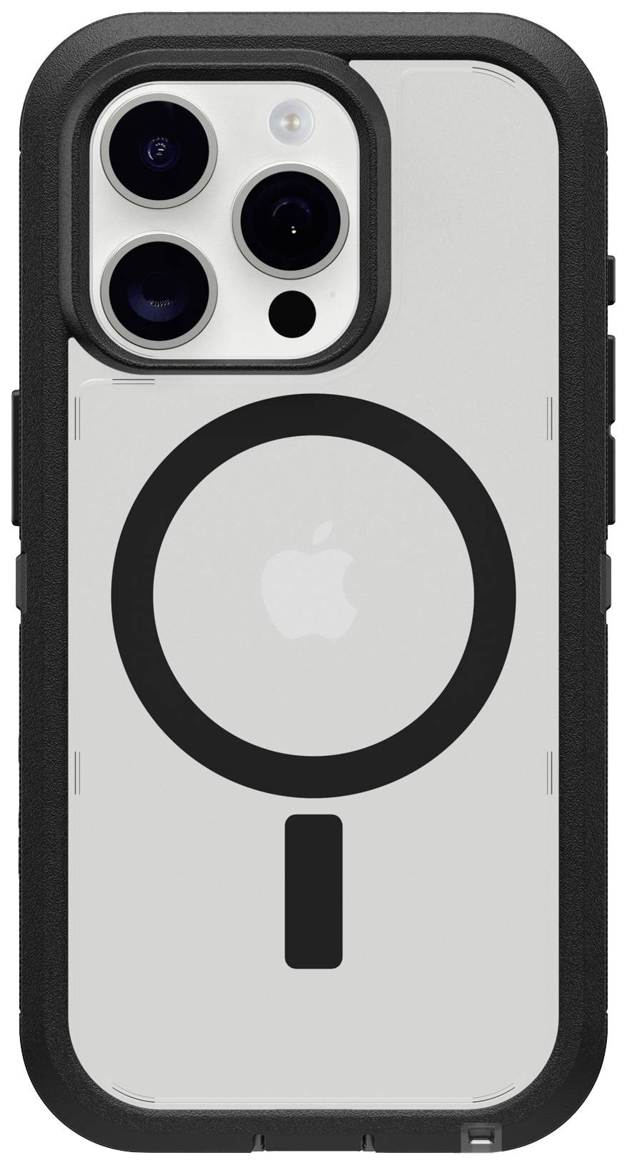 Smartfon z czarną ramką w etui; na tylnej obudowie powiększony symbol koła z pionową kreską poniżej.