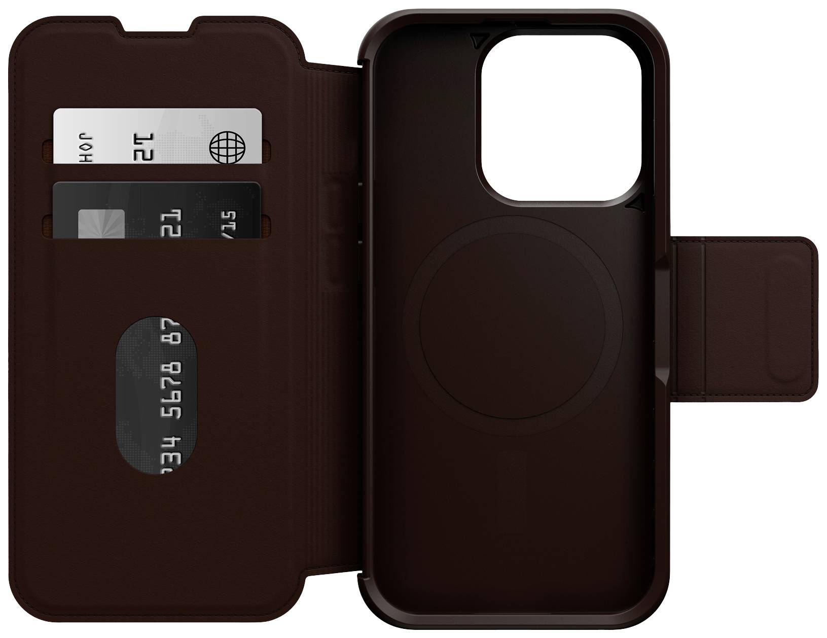 Czarna obudowa na telefon z miejscem na dwie karty kredytowe i wzorem pierścieniowym pośrodku.