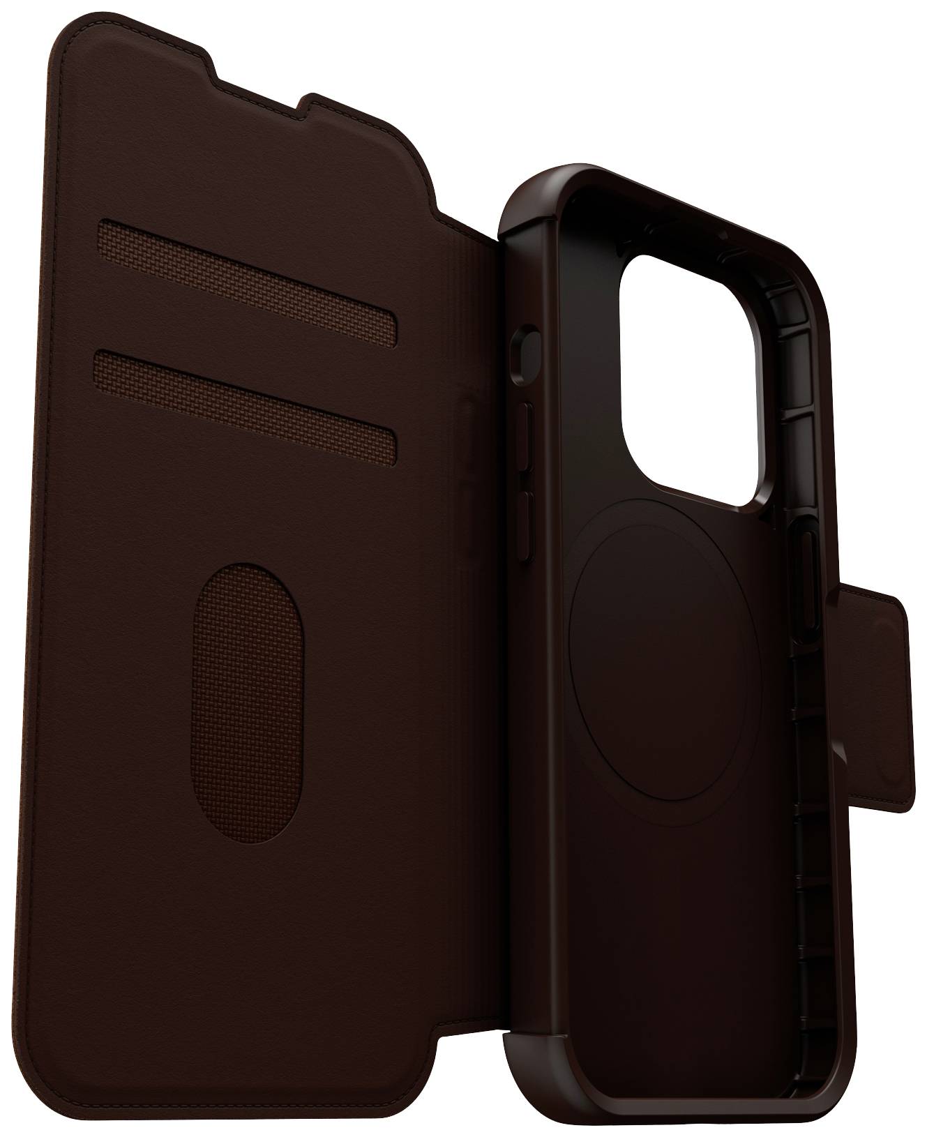 Otwarte, ciemne etui na telefon z przegródkami na karty po lewej stronie wewnętrznej i okrągłym wycięciem na aparat po prawej stronie.