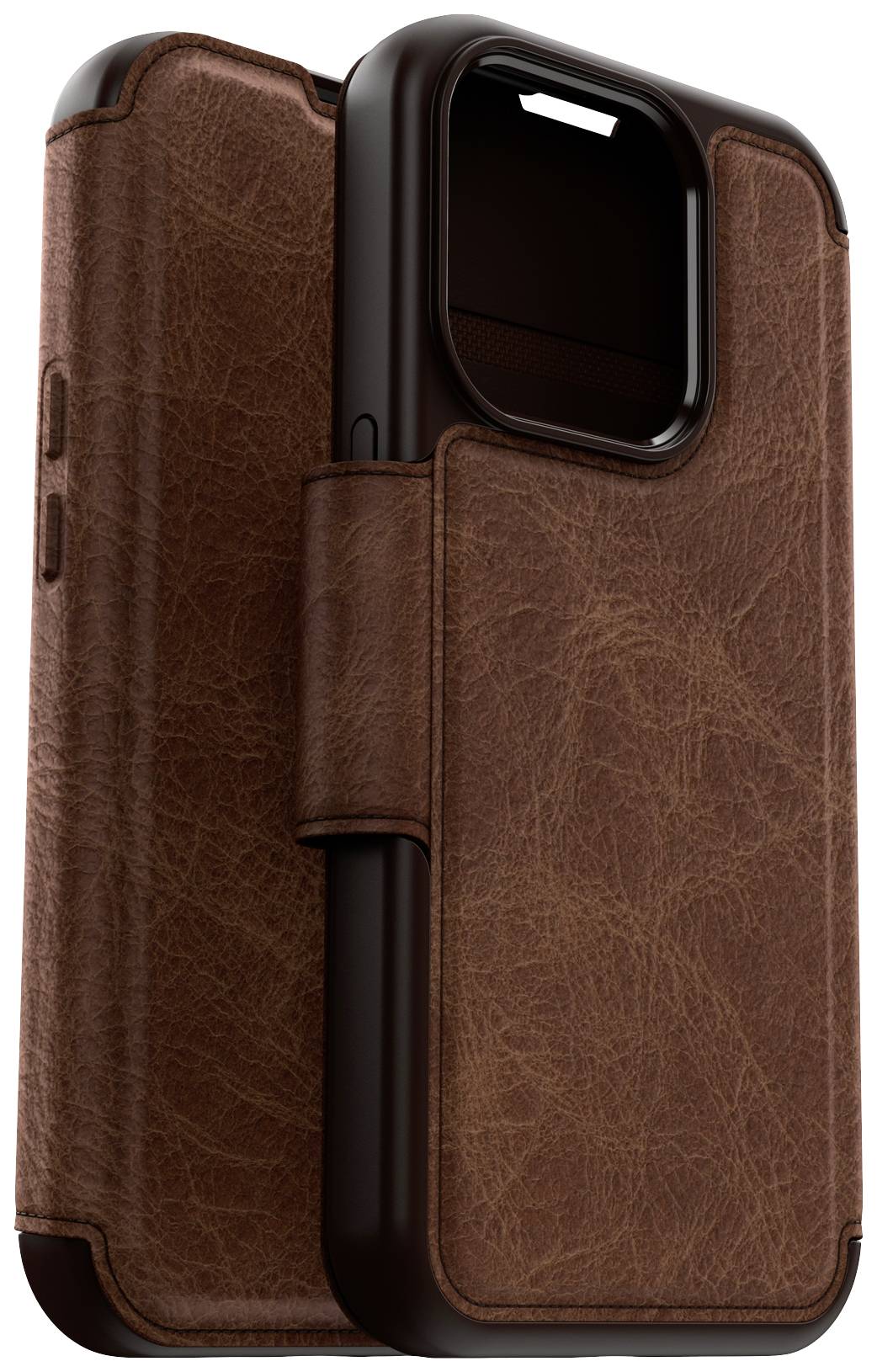 Brązowe skórzane etui na telefon z klapką, kompatybilne z otworem na aparat, chroniące smartfon zapewniając stylowy i wytrzymały wygląd.