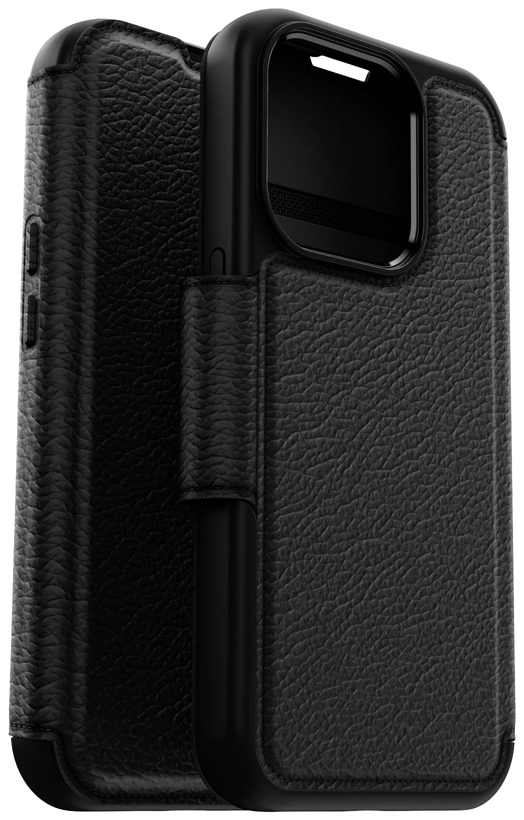 Czarne skórzane etui na smartfona z widocznym wycięciem na aparat i klapką. Elegancki, strukturalny design.