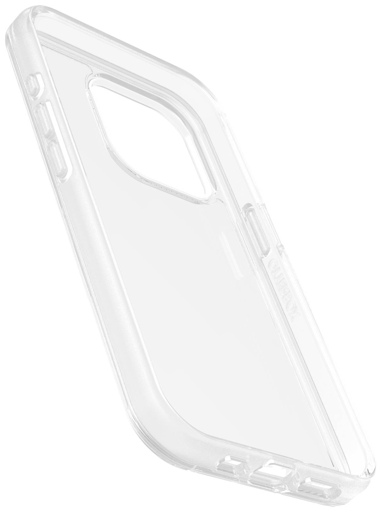 Przezroczyste etui na telefon w skosnym ujęciu, dopasowane do modelu smartfona z wycięciem na aparat w lewym górnym rogu.