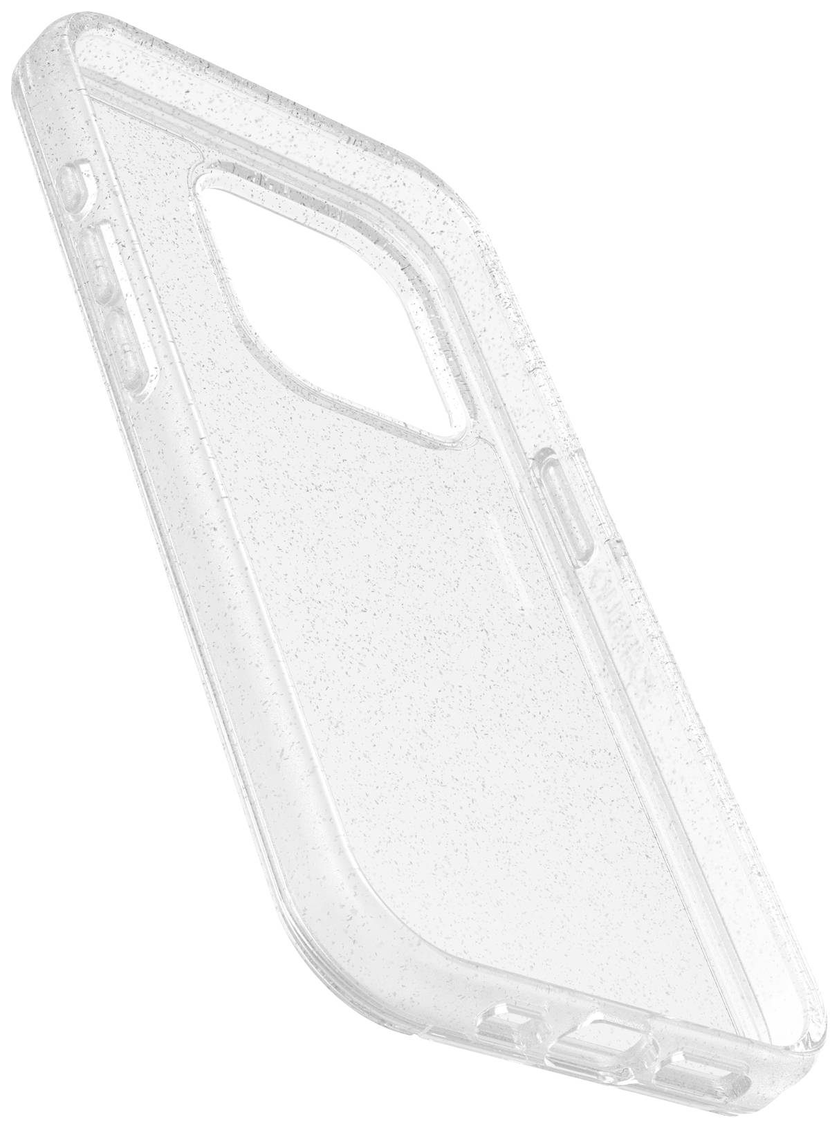 Przezroczyste etui na telefon, lekko strukturyzowane, sfotografowane pod skosnym kątem z boku; widoczne są wycięcia na przyciski i aparat.