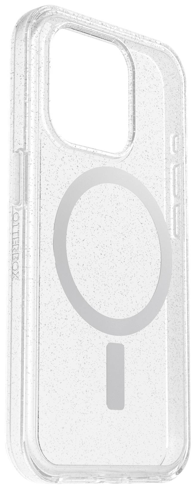 Przezroczyste etui na telefon z zintegrowanym systemem MagSafe, o błyszczącym designie. Chroni smartfon i umożliwia bezprzewodowe ładowanie.