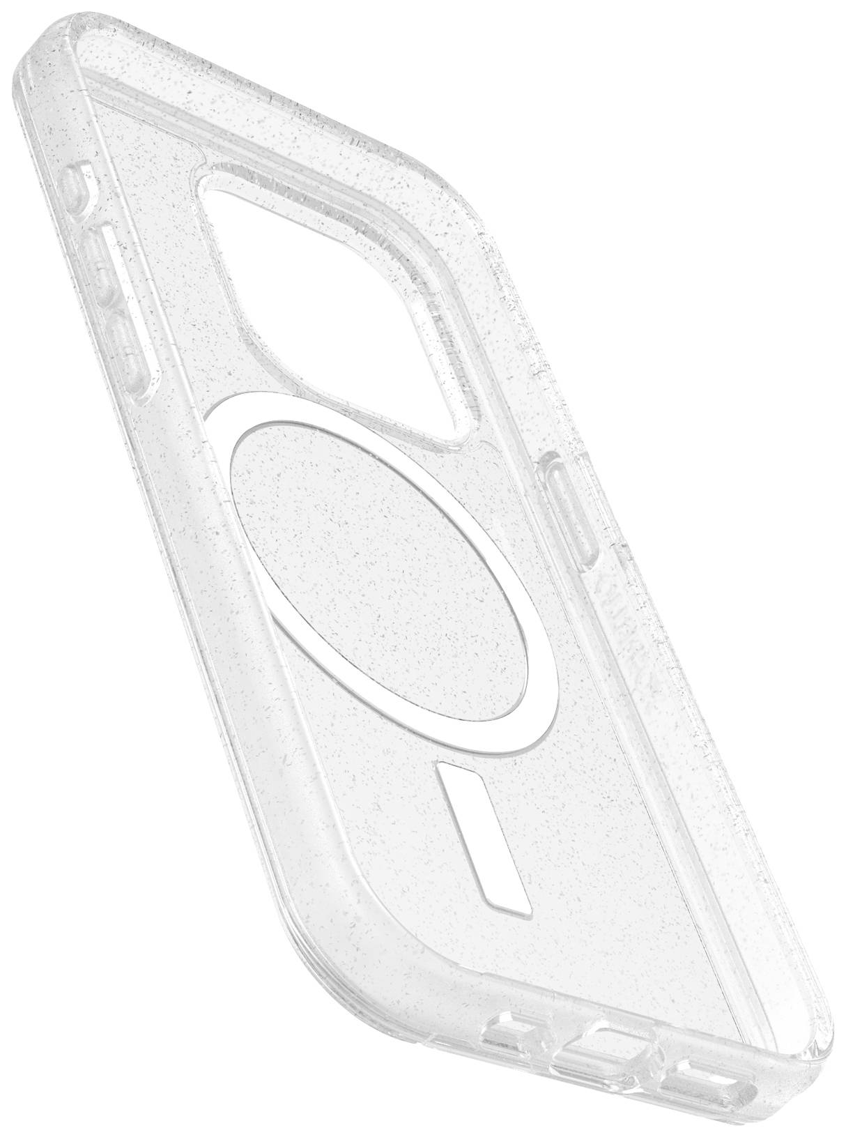 Przezroczyste etui na telefon z zaokrąglonymi, wzmocnionymi punktami, zaprojektowane z kompatybilnością MagSafe, prezentowane na białym tle.