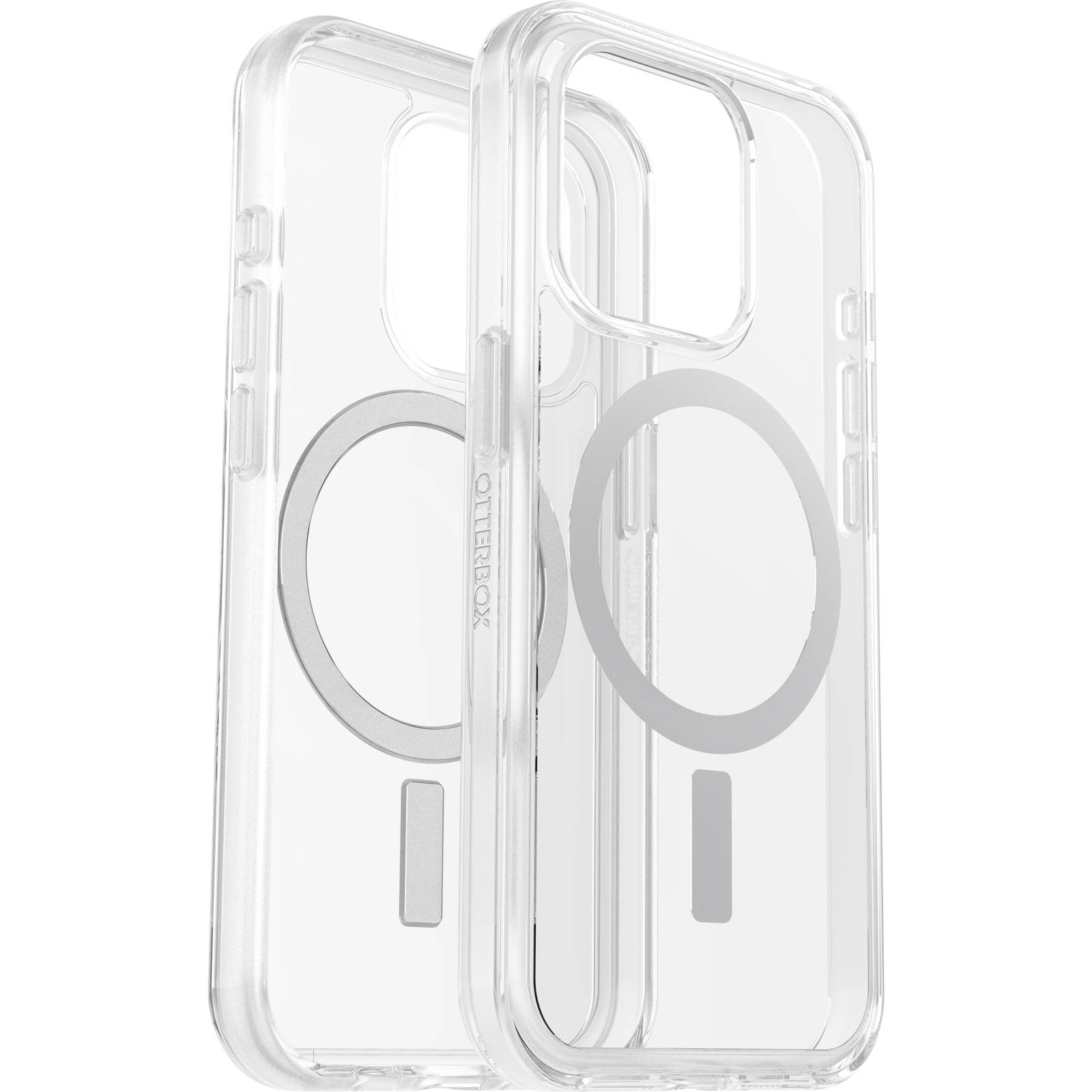 Przezroczyste etui na telefon z pierścieniem MagSafe firmy OtterBox, dopasowane do smartfona, zapewniające ochronę i możliwość ładowania bezprzewodowego.