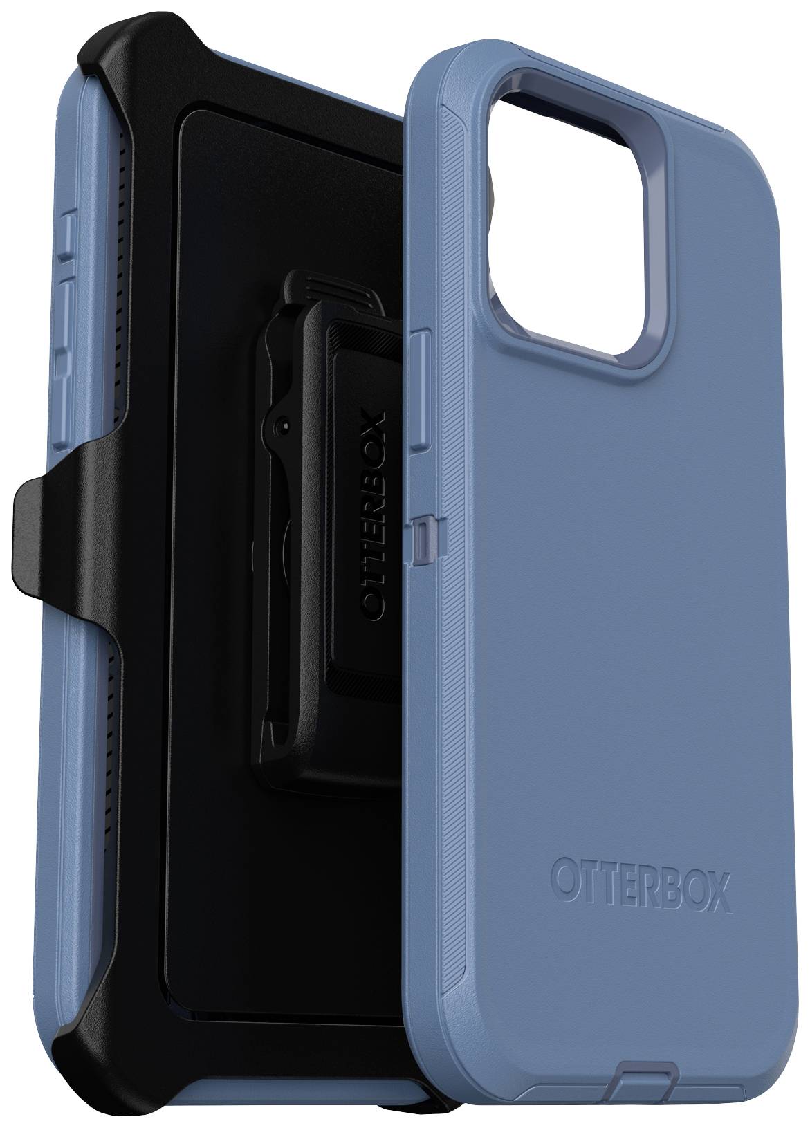 Niebieskie etui na smartfona o wytrzymałej konstrukcji, z zintegrowanym klipsem do paska i funkcją podstawki. Połączenie ochrony i funkcjonalności.