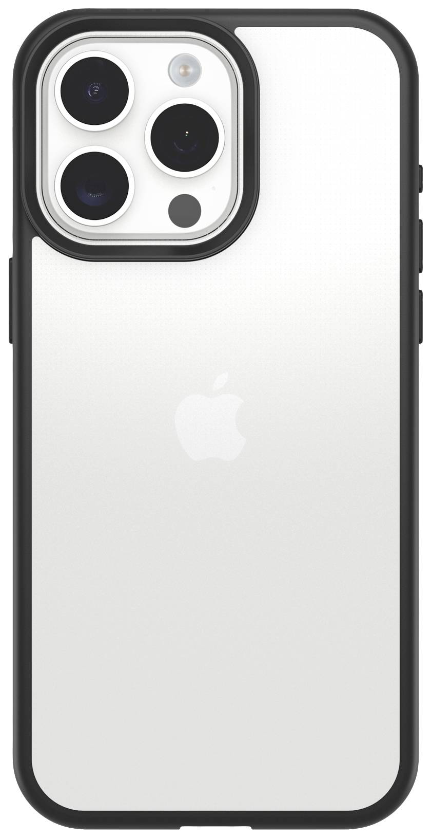 Smartfon z szarym tyłem i trzema aparatami w lewym górnym rogu. Delikatnie połyskujące logo Apple znajduje się na środku.
