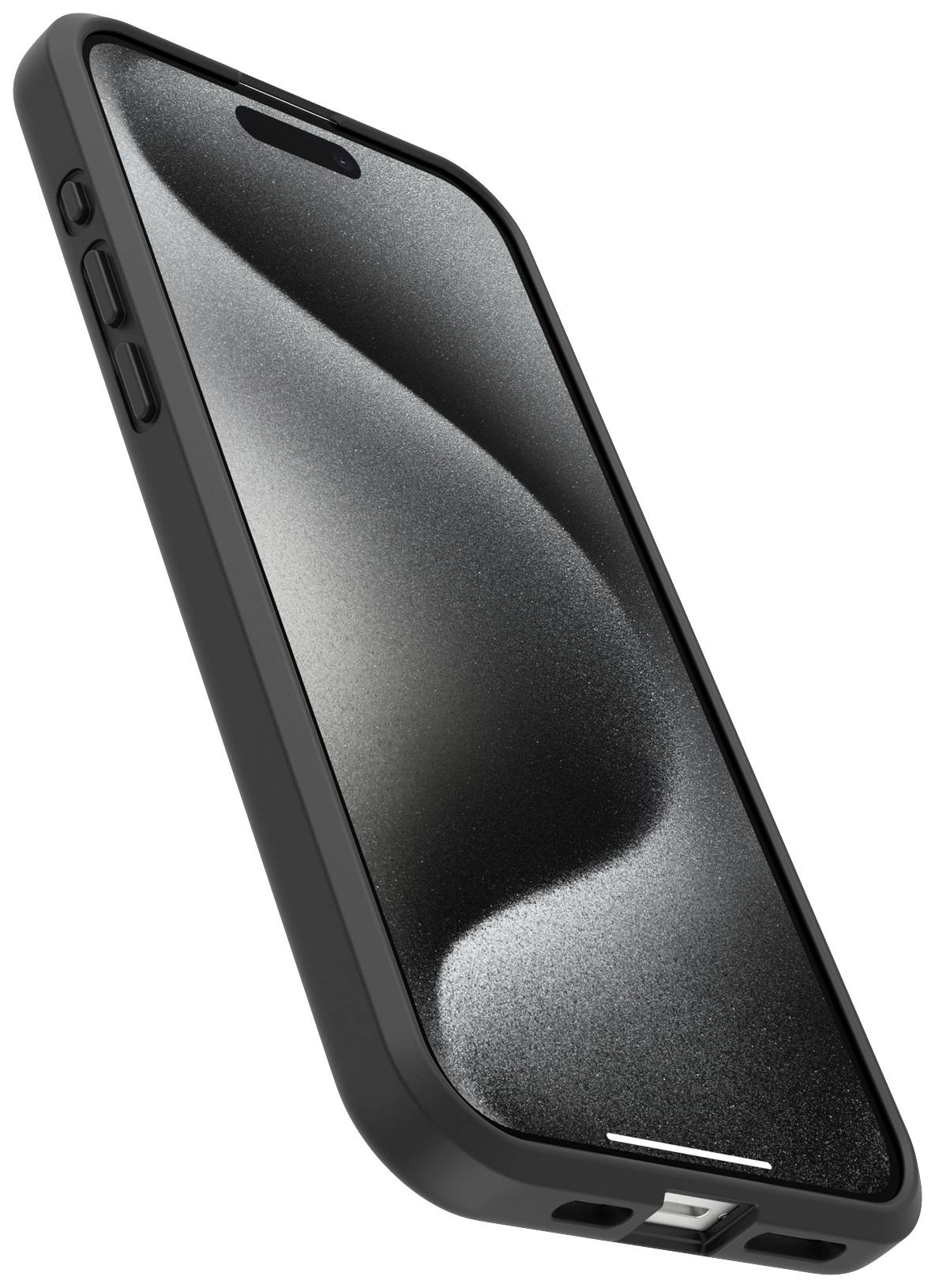 Czarny smartfon z ochronnym etui, przedstawiony w pozycji pionowej. Na ekranie widoczne są abstrakcyjne, ciemnoszare wzory.