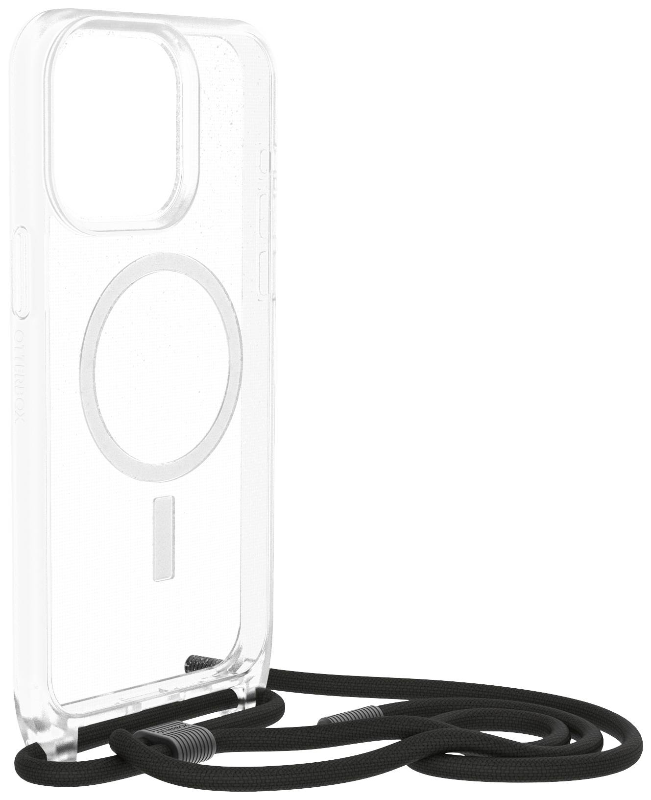 Etui na telefon z pierścieniem MagSafe, czarną pętlą do noszenia i przezroczystą obudową. Struktura dopasowana do konturów smartfona.
