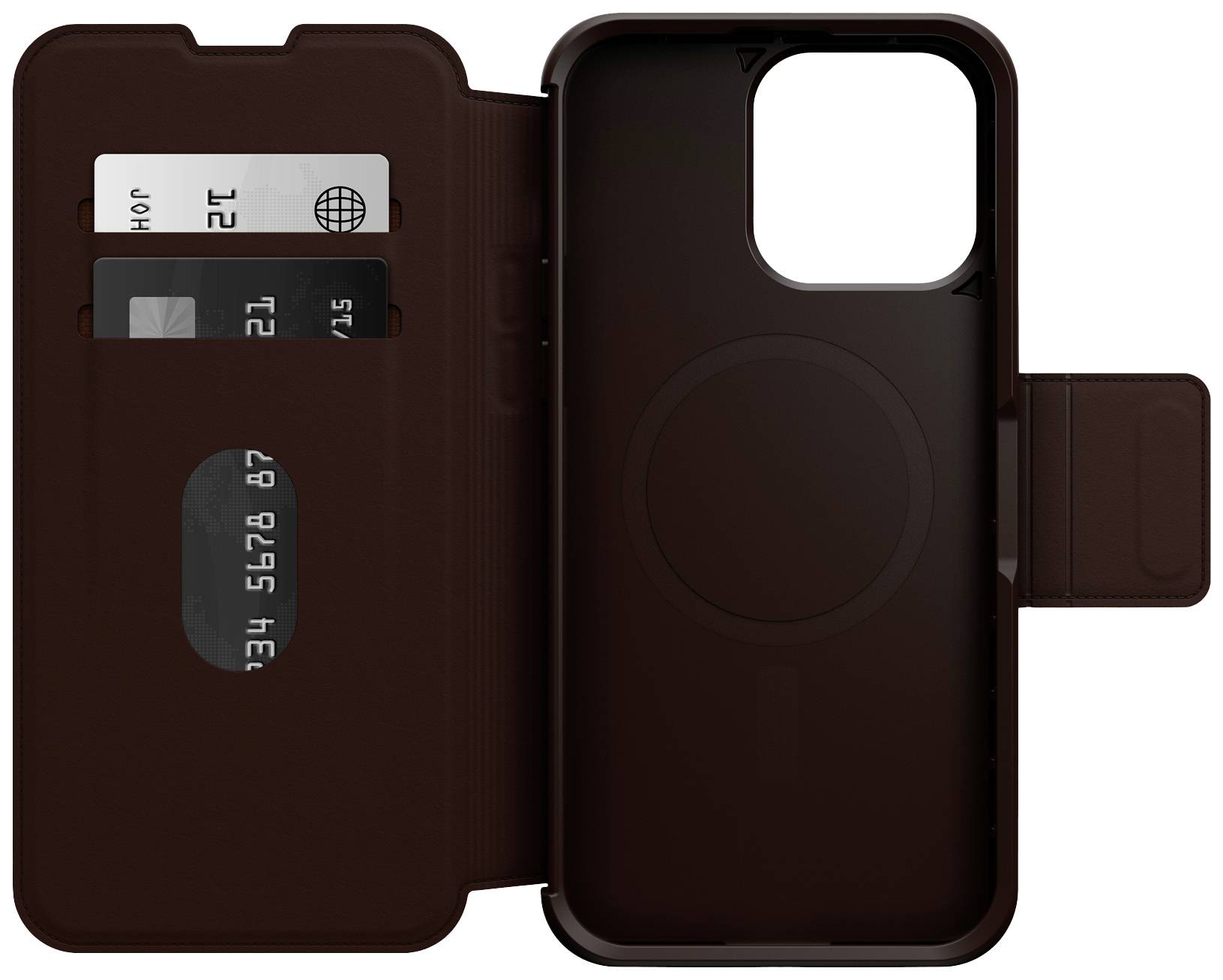 Brązowe etui na smartfona z wbudowaną kieszenią na karty, w której mieszczą się dwie karty. Etui jest otwarte, aby pokazać przegródki.
