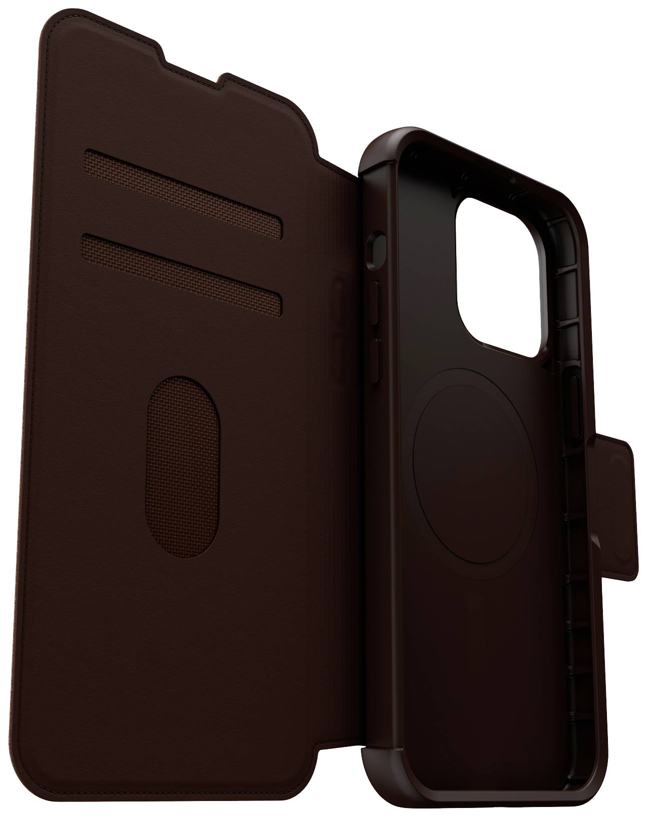 Ciemnobrązowe etui na telefon ze skóry, z klapką i przegródkami na karty od wewnętrznej strony. Zaprojektowane z myślą o optymalnej ochronie i stylu.