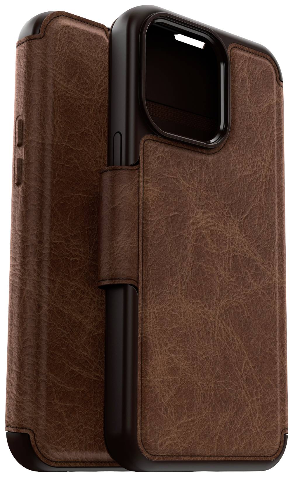 Brązowe etui na telefon ze skóry ze składanym designem, chroniące smartfona. Etui posiada wytrzymałą ramkę oraz wycięcia na aparat i przyciski.