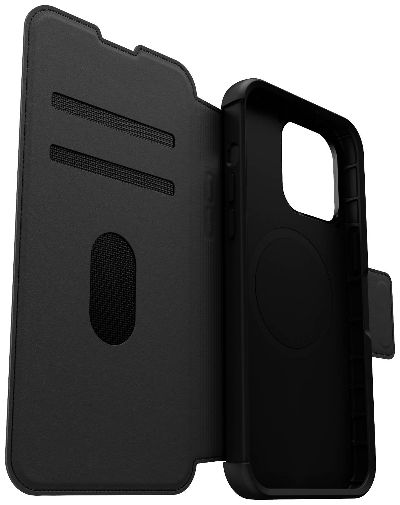Czarna obudowa na telefon z przegródkami na karty i otworem na obiektywy aparatu, składana. Idealna do ochrony i przechowywania kart.