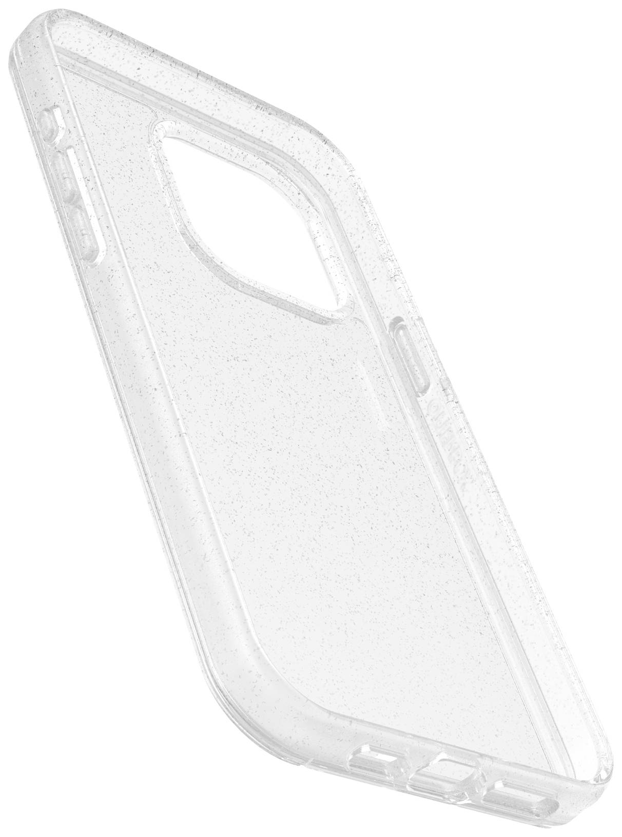 Przejrzysta, błyszcząca obudowa na telefon, pokazana pod lekkim skosem. Etui ochronne na smartfony, z wycięciami na aparat i złącza.