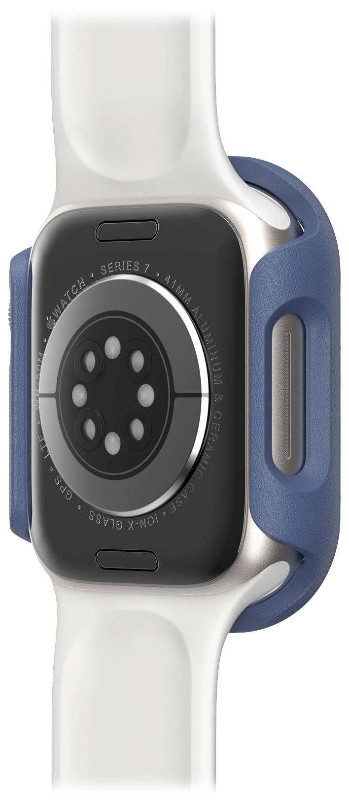 Smartwatch widziana z boku, ukazująca pasek oraz czujniki na tylnej stronie obudowy.