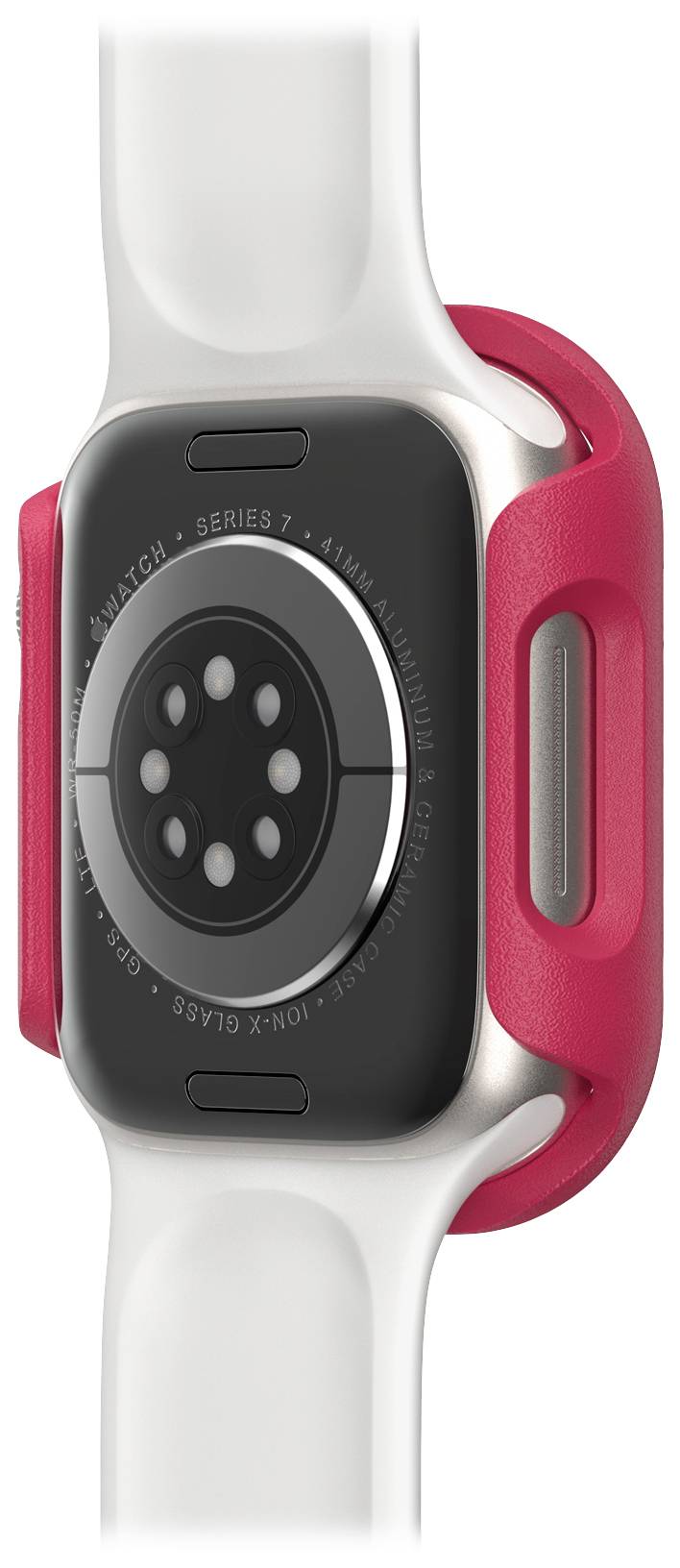 Smartwatch z czerwoną obudową i białym paskiem, widok z boku. Widoczne są czujniki na tylnej stronie obudowy.