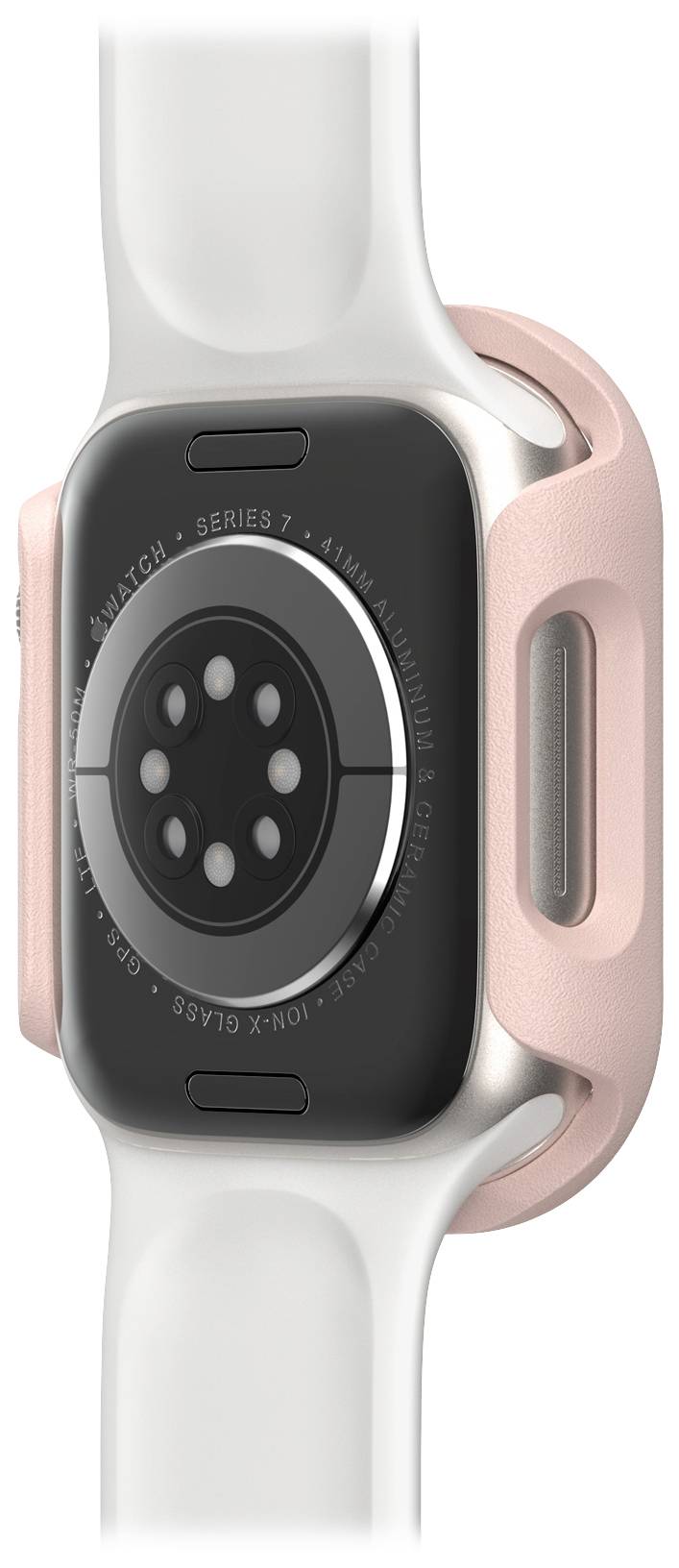 Tylna strona smartwatcha z białym paskiem i różową obudową, przedstawiająca czujniki i szczegóły obudowy.