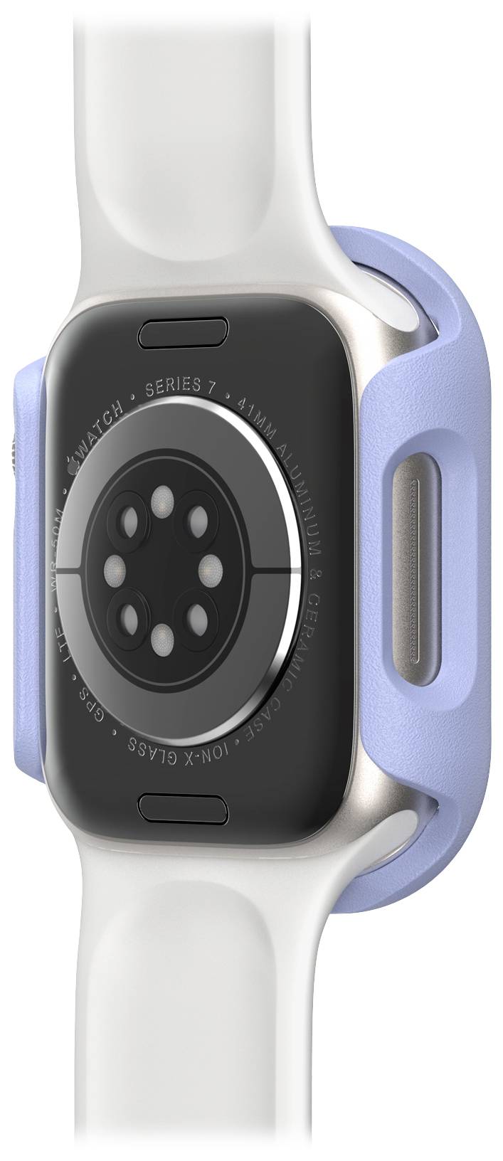 Smartwatch w ujęciu z boku z bliska, prezentująca czujniki na tylnej stronie oraz niebiesko-białą opaskę.