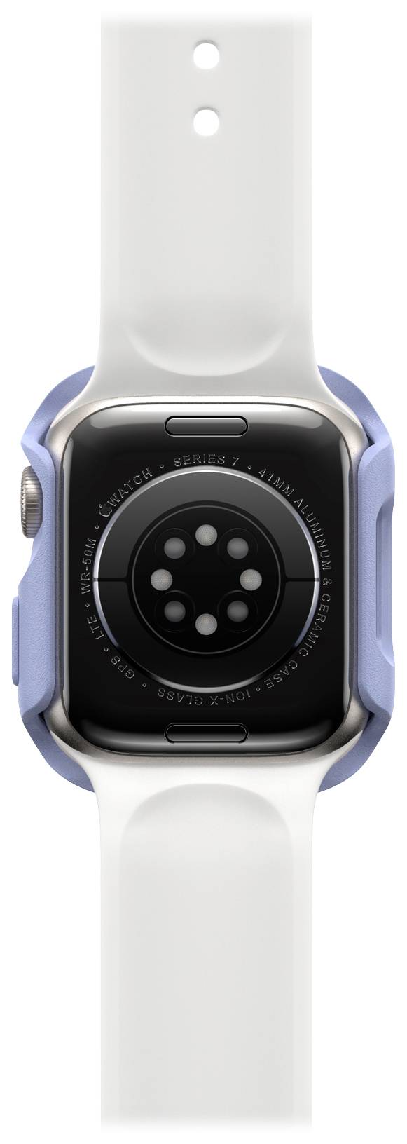 Tylna strona smartwatcha z czujnikami i dwoma przyciskami. Biały pasek, otoczony niebieską obudową ochronną.