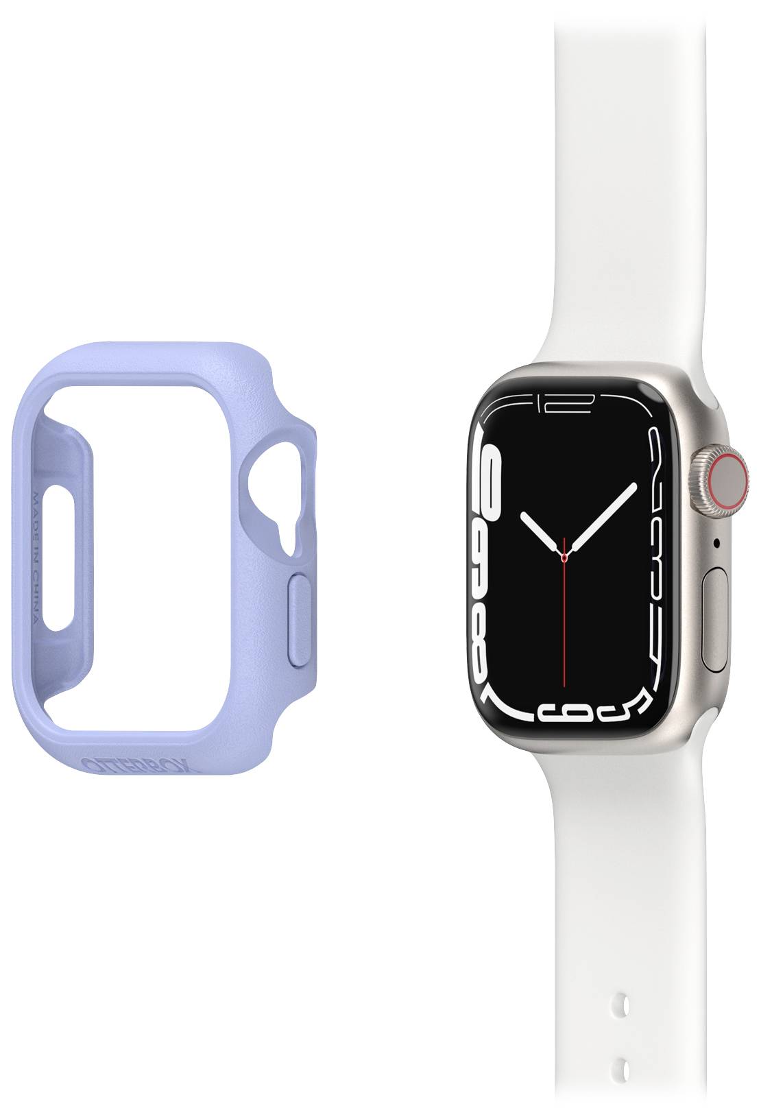 Smartwatch z białą opaską i czarną tarczą wskazuje godzinę. Obok znajduje się jasnoniebieskie etui ochronne na zegarek.