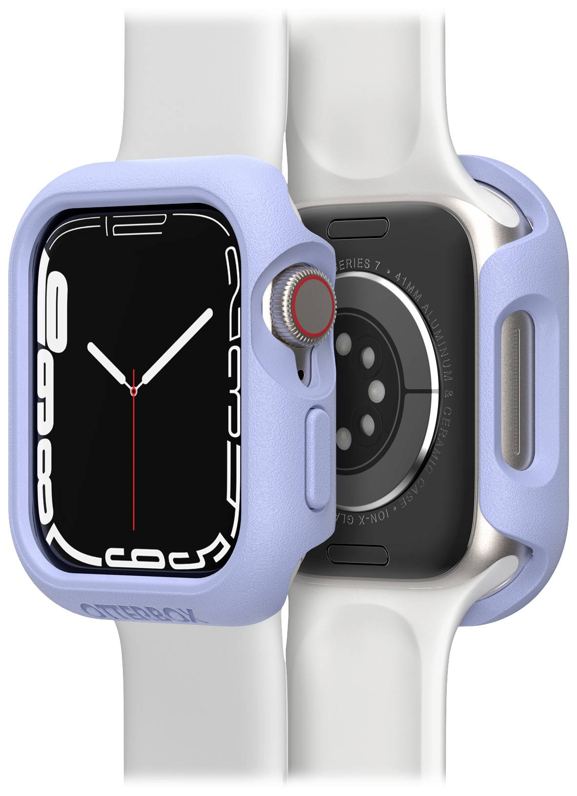 Dwa widoki smartwatcha w jasnoniebieskiej obudowie z białym paskiem. Jeden pokazuje wyświetlacz, drugi tylną stronę z czujnikami.