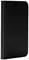 Czarna obudowa na telefon w stylu książki, ustawiona w pozycji pionowej. Posiada minimalistyczny design z małym emblematem u dołu.