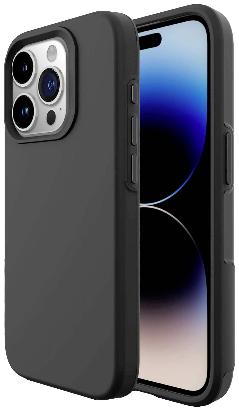 Smartfon z czarną obudową ochronną, wyświetlający ekran z niebiesko-czarnym wzorem gradientowym.