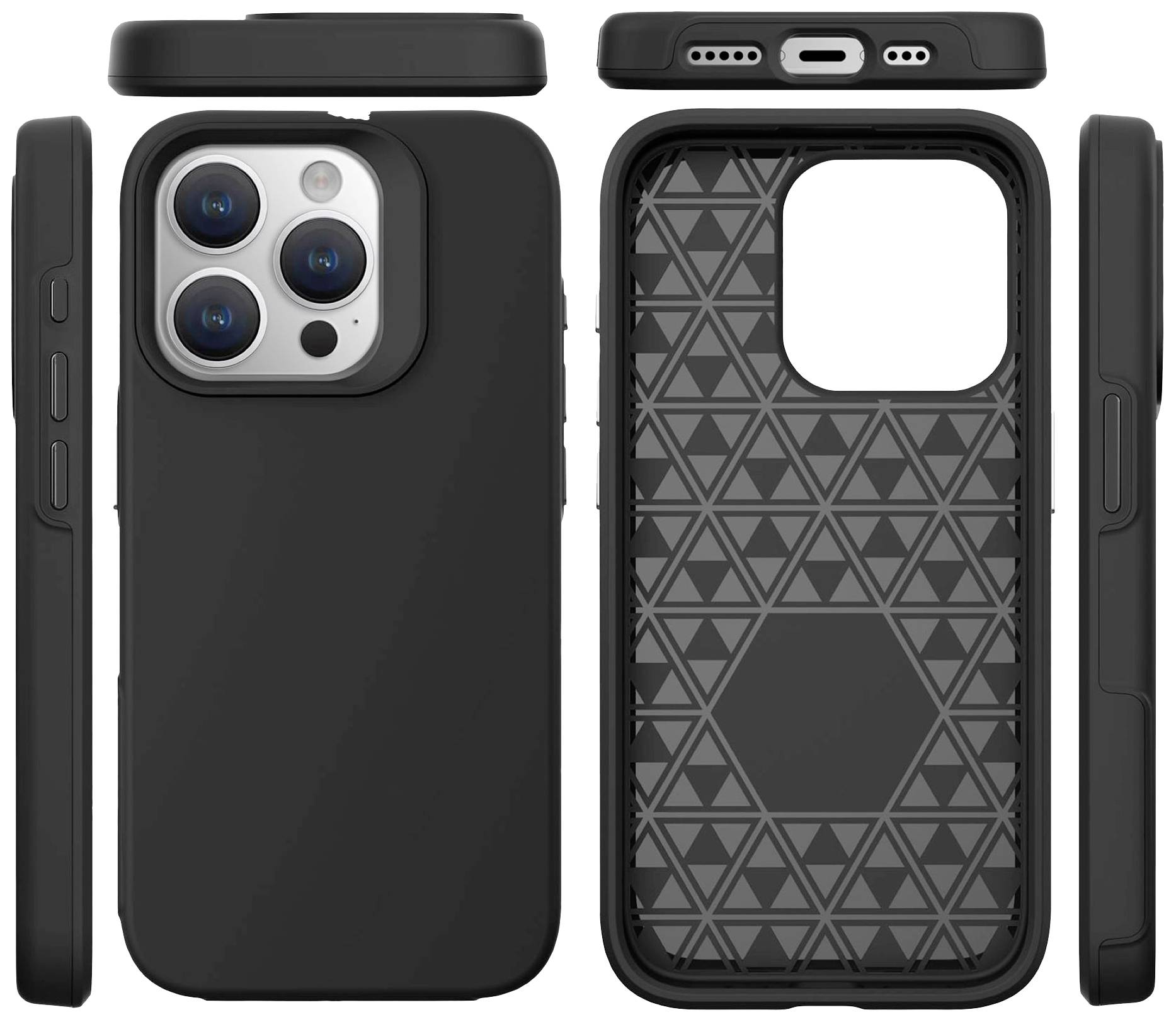 Smartfon w czarnej obudowie przedstawiony z różnych perspektyw. Etui z trójkątnym wzorem wewnątrz.