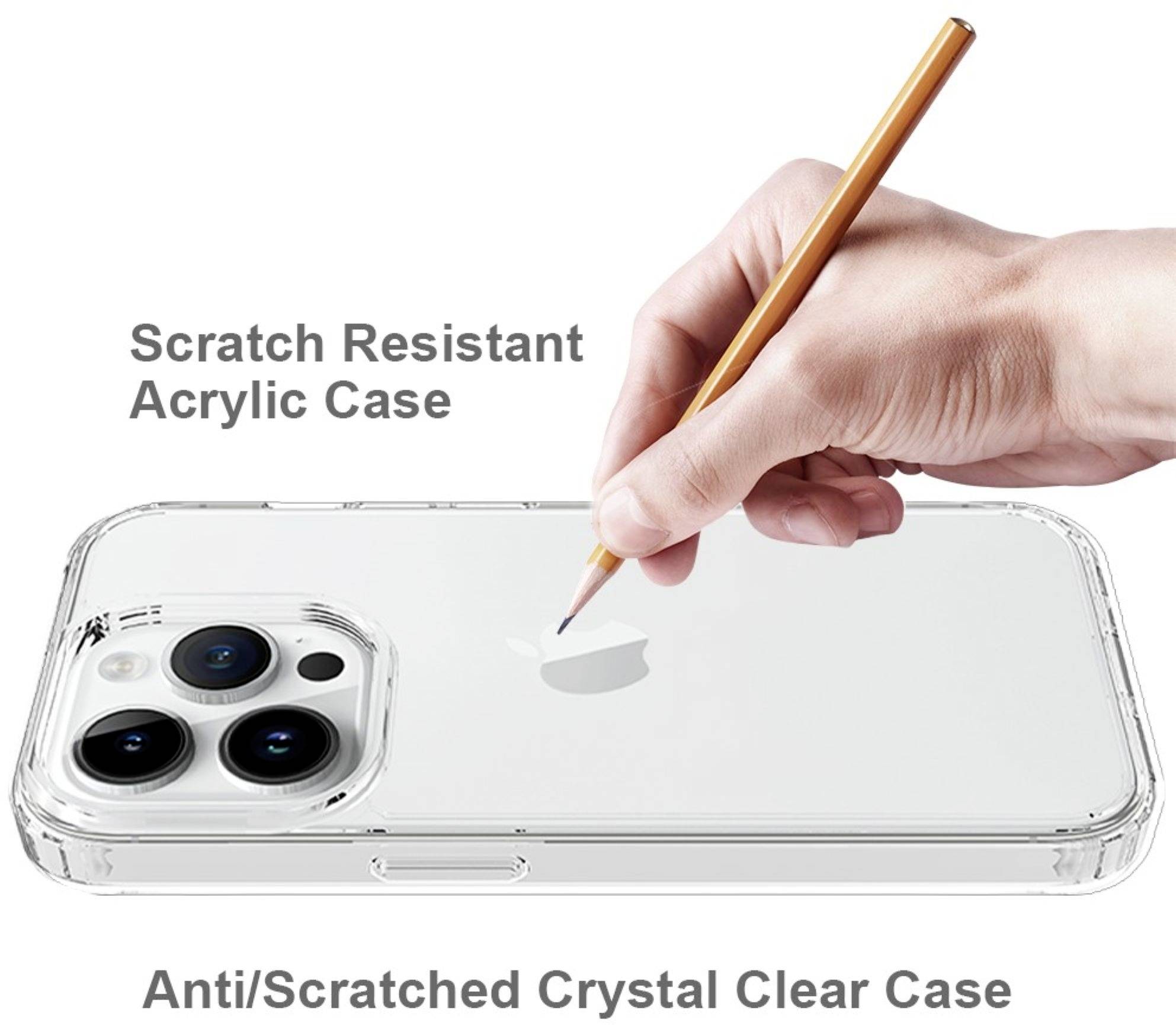 Przezroczysta, odporna na zarysowania obudowa telefonu jest testowana za pomocą długopisu pod kątem odporności na zadrapania.