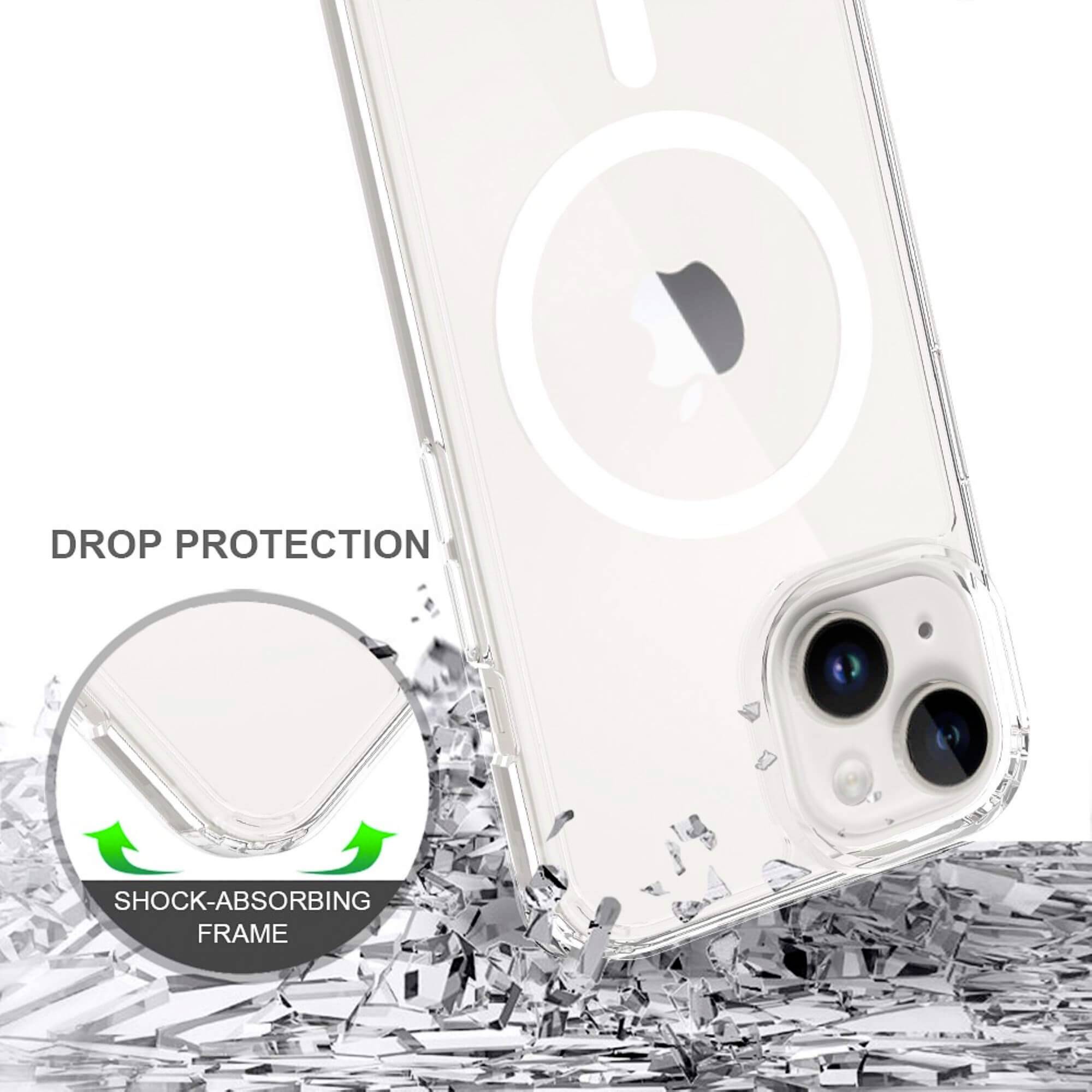 Przezroczyste etui na telefon Spigen z MagSafe, z naciskiem na ochronę przed wstrząsami. Kwadratowe zdjęcie przedstawia etui na połyskliwym tle.