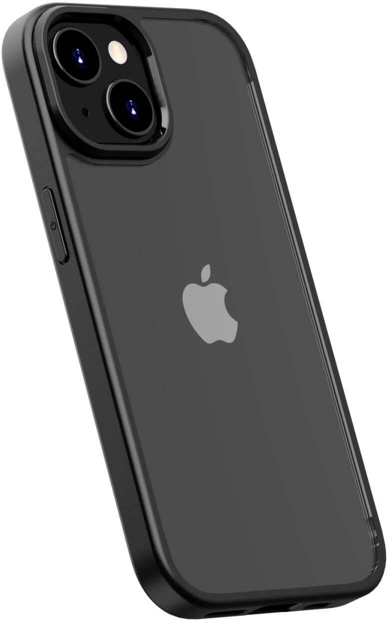 Czarna obudowa na telefon z logo Apple, przezroczysta z tyłu. Etui prezentuje podwójny aparat smartfona.