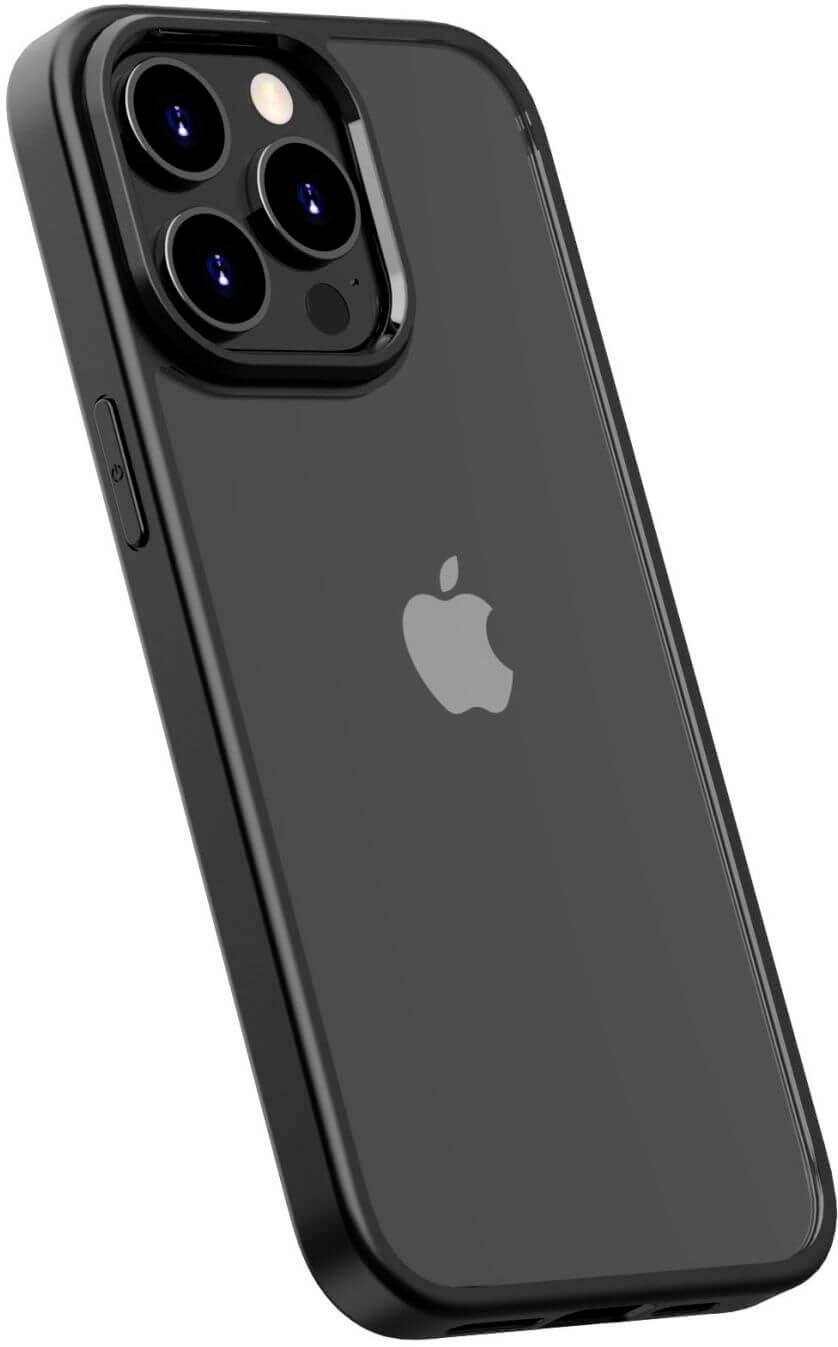 Nowoczesny smartfon z czarną obudową i logo z tyłu, trzy obiektywy aparatu w lewym górnym rogu. Minimalistyczny design.