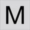 Duża czarna wielka litera M wyśrodkowana na jasnym szarym tle.