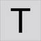 Czarna wielka litera T wyśrodkowana na jasnym szarym tle.