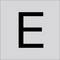 Czarna duża litera E wyśrodkowana na jasnym szarym tle.