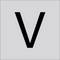 Czarna litera V (duża) wyśrodkowana na jasnym szarym tle.
