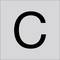 Czarna wielka litera C wycentrowana na jasnoszarym tle.