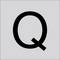 Czarna wielka litera Q na jasnym szarym tle.