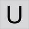 Duża czarna wielka litera U wyśrodkowana na jasnoszarym tle.