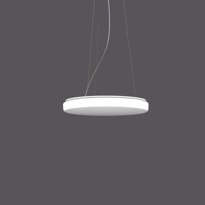 Nowoczesna, okrągła lampa wisząca z białą powierzchnią, zawieszona na cienkich kablach, na szarym tle.