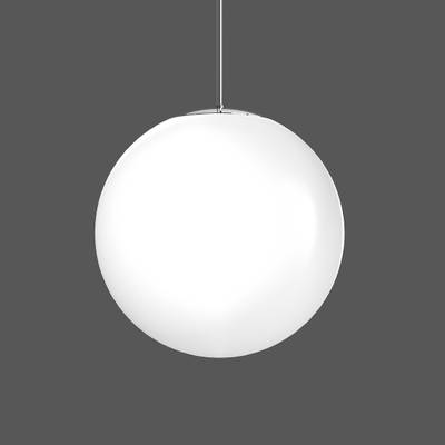 Biała lampa kulista o gładkiej powierzchni, wisząca na cienkim przewodzie, na szarym tle.