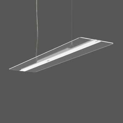 Lampa wisząca o nowoczesnym designie, z transparentną ramą i centralnym pasem świetlnym, zawieszona na tle szarości.