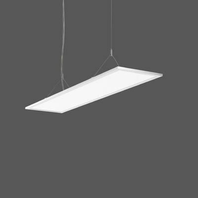 Nowoczesna, prostokątna lampa sufitowa, zawieszona na dwóch kablach, świeci w ciemnym pomieszczeniu.