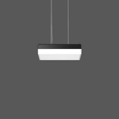 Nowoczesna lampa wisząca o prostym, prostokątnym kształcie, silnie oświetlająca ciemne pomieszczenie.