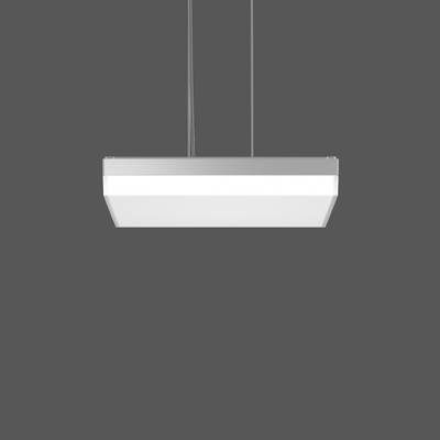 Wisząca, prostokątna lampa sufitowa w szarym pomieszczeniu. Nowoczesny design z czystymi liniami.