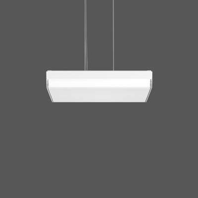 Nowoczesny, prostokątny system lamp wahadłowych o minimalistycznym designie, zawieszony na dwóch cienkich kablach, na szarym tle.