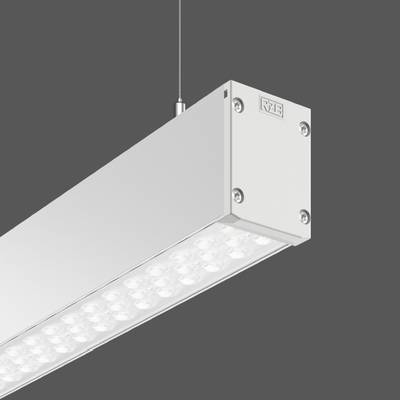 Prostokątna, srebrna lampa sufitowa LED z wieloma źródłami światła, zawieszona na drucie na szarym tle.