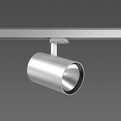 Srebrna lampa LED na szynie na szarym tle. Lampa posiada nowoczesny, cylindryczny kształt i jest zamocowana na szynie.